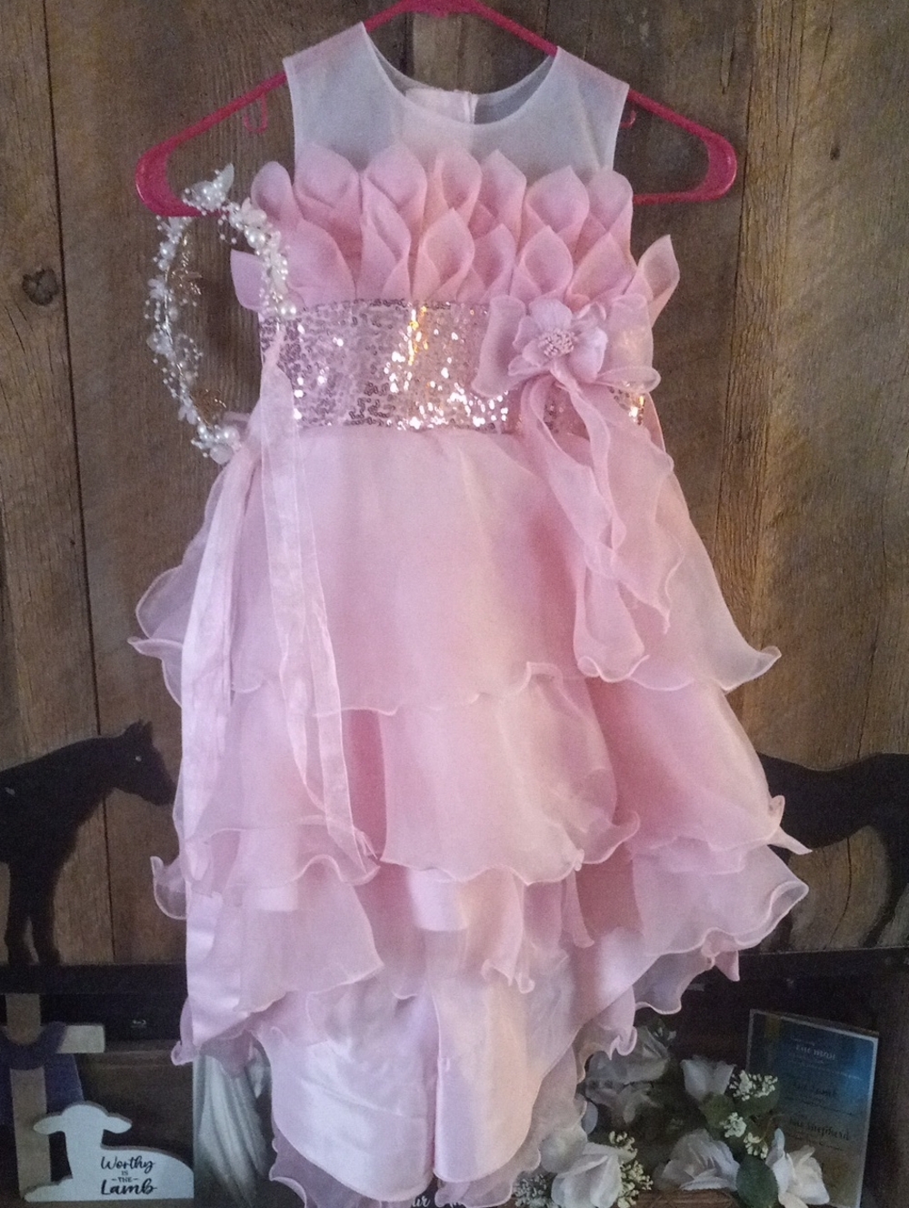 Pink Floral Sequined Girls Party Dress